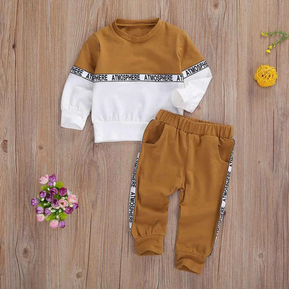 Boys long-sleeve letter suit and tan stretch trousers with atmosphere lettering and solid color trend den design Khaki