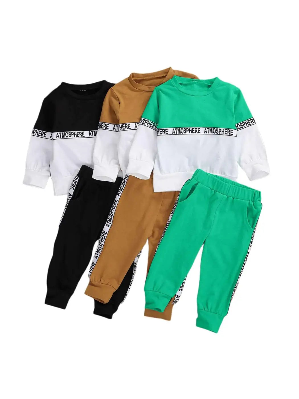 Boys long sleeve letter suit and solid color stretch trousers in black tan and green with atmosphere text and white ribbed bands