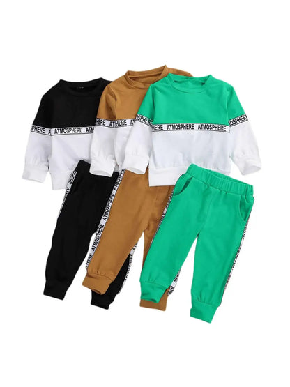Boys long sleeve letter suit and solid color stretch trousers in black tan and green with atmosphere text and white ribbed bands