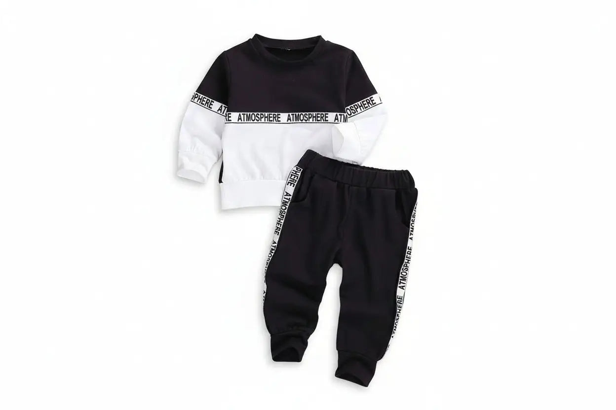Boys long-sleeve letter suit with black and white solid color sweatshirt and matching stretch trousers from trend den