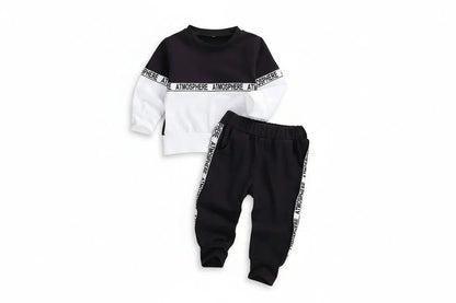 Boys long-sleeve letter suit with black and white solid color sweatshirt and matching stretch trousers from trend den