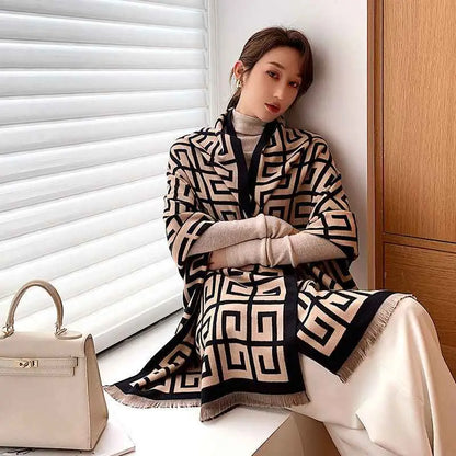 Beige and black geometric patterned knit shawl with fringed edges from the british classic cashmere double sided scarf Black and khaki