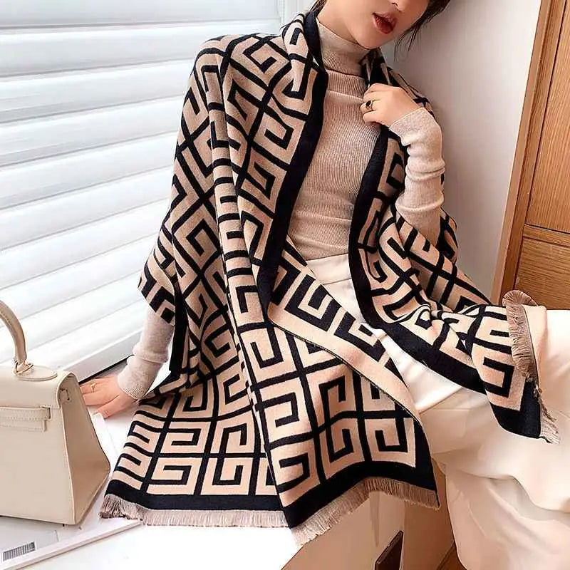 Beige and black geometric patterned woolen shawl with fringed edges in british classic cashmere double-sided scarf
