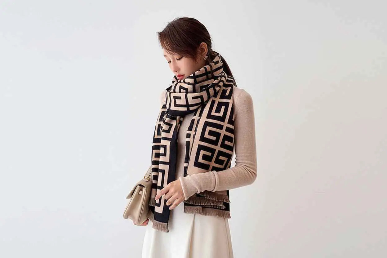 British classic cashmere double-sided scarf in black and beige geometric pattern with fringe detailing