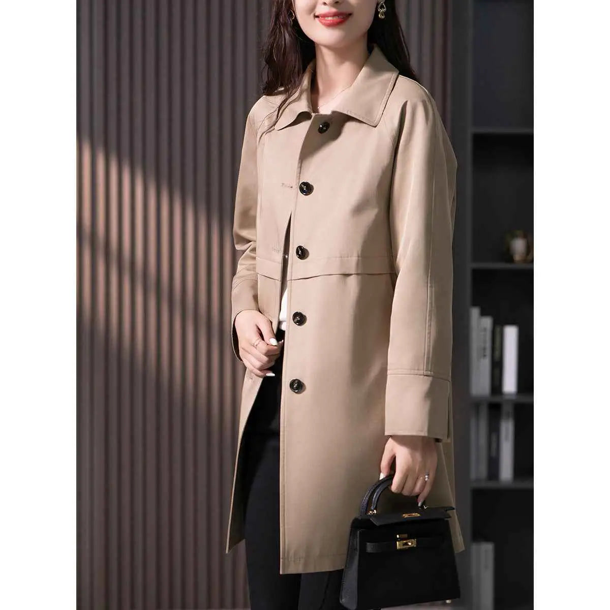 Beige mid-length british elegant trench coat with black buttons and classic collar in a straight cut design Khaki