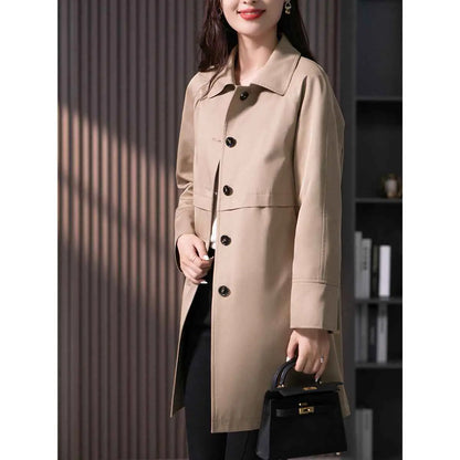 Beige mid-length british elegant trench coat with black buttons and classic collar in a straight cut design Khaki