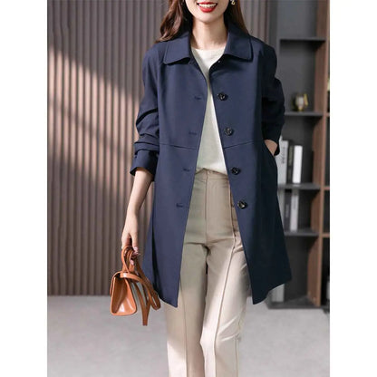 Navy blue british elegant mid-length trench coat with black buttons and rolled-up sleeves in straight design Navy Blue