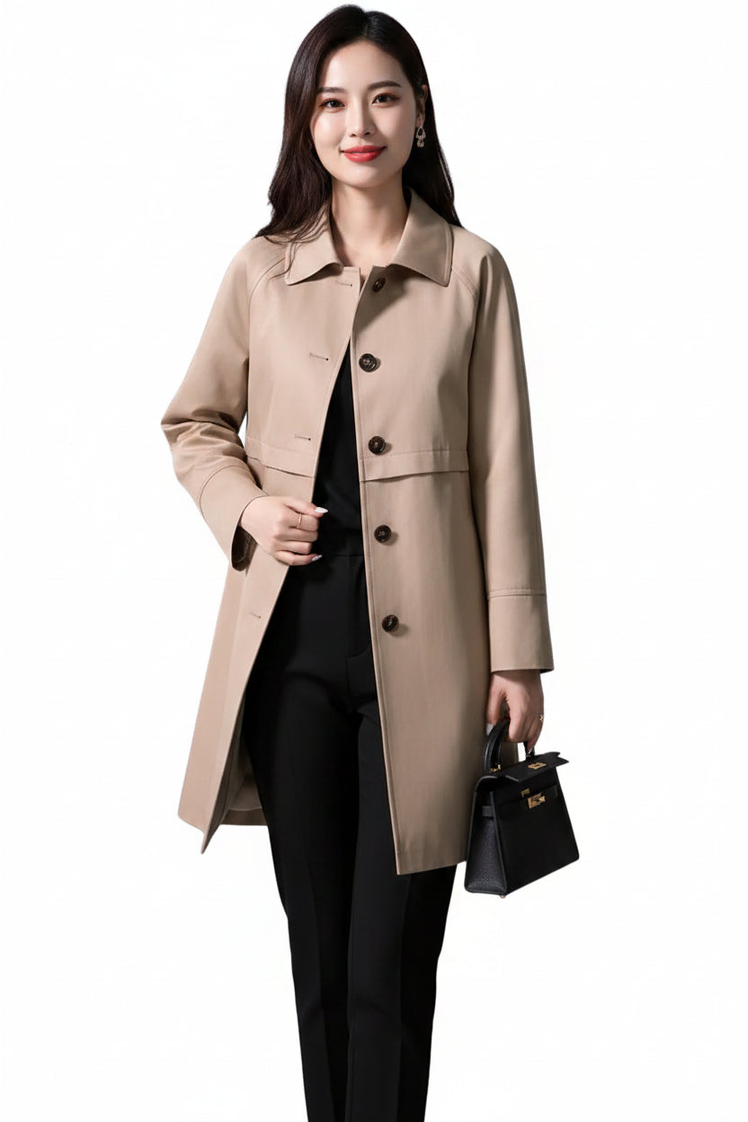 Beige british elegant mid-length trench coat with black buttons and classic collar in a straight cut design