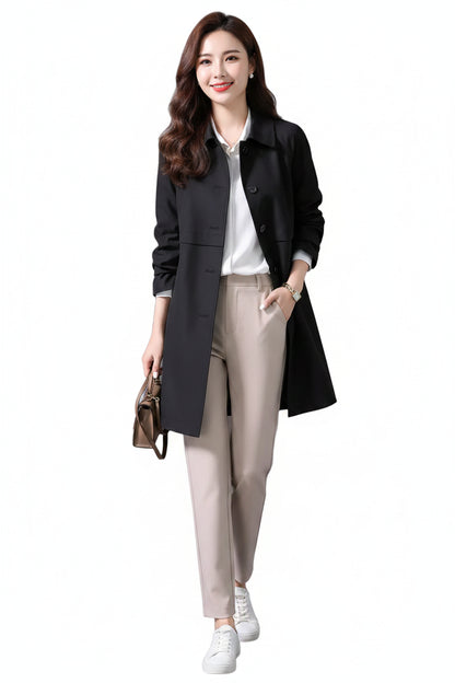 Black british elegant mid-length trench coat with classic collar and button closure for stylish outerwear