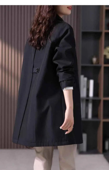 Back view of black british elegant mid-length trench coat with sleek modern design and subtle button detail
