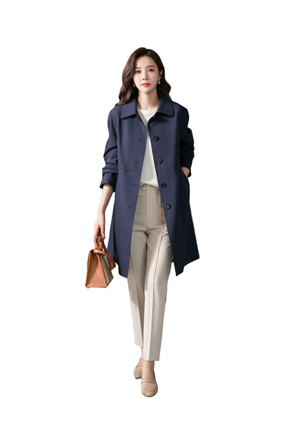 Navy blue british elegant mid-length trench coat with double-breasted black buttons and rolled-up sleeves