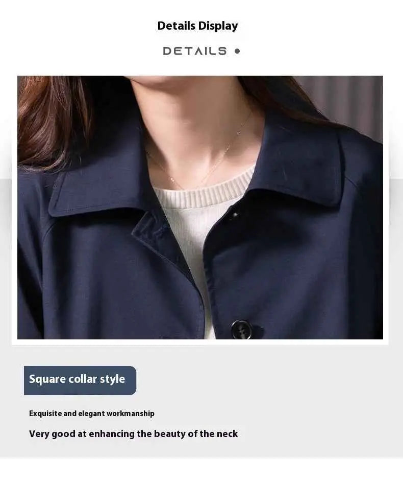 Navy blue british elegant mid-length trench coat with square collar and refined workmanship