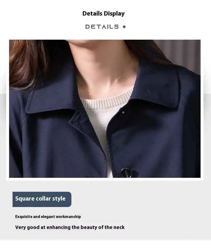 Navy blue british elegant mid-length trench coat with square collar and refined workmanship
