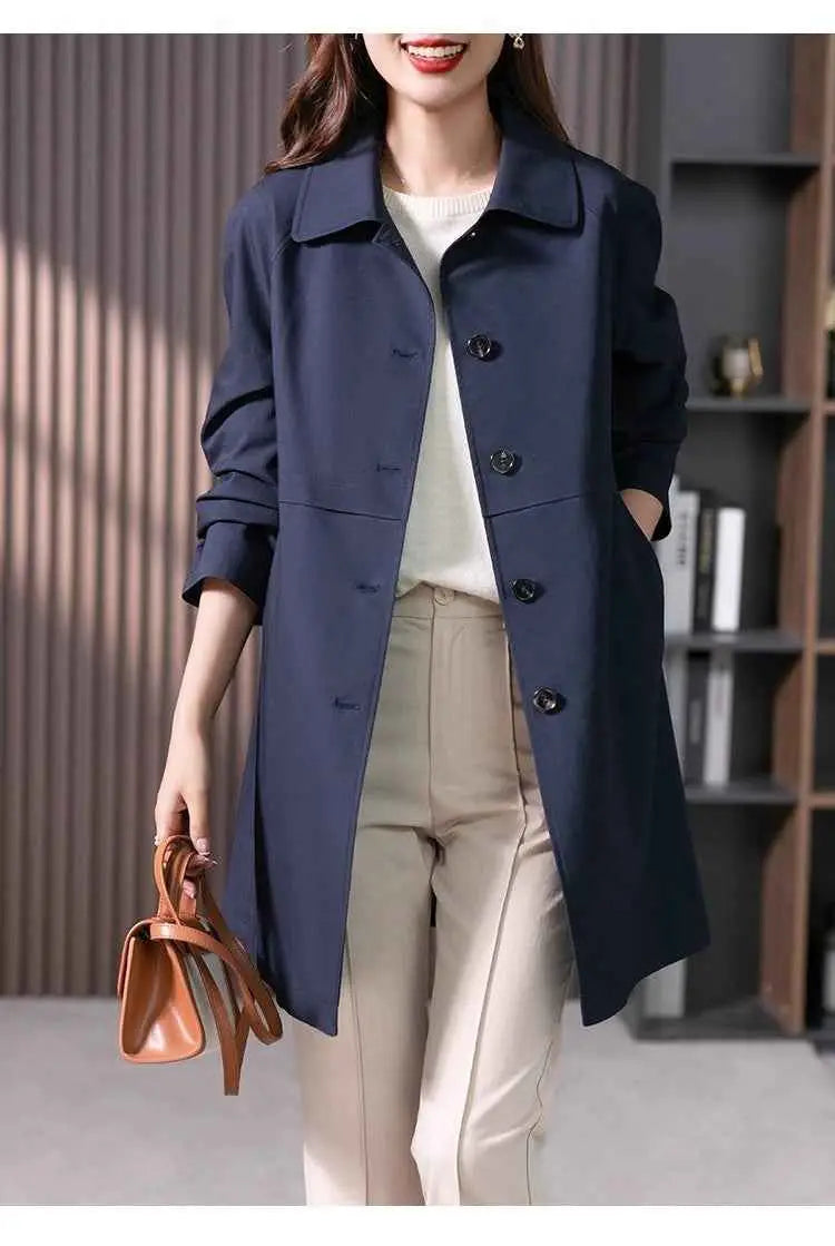 Navy blue british elegant mid-length trench coat with black buttons and rolled-up sleeves in straight design