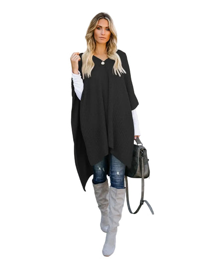 Cape Knitted Sweater Top | Oversized Draped Winter Wrap - Black / L - cape knitted, knitted sweater, trend den, Black