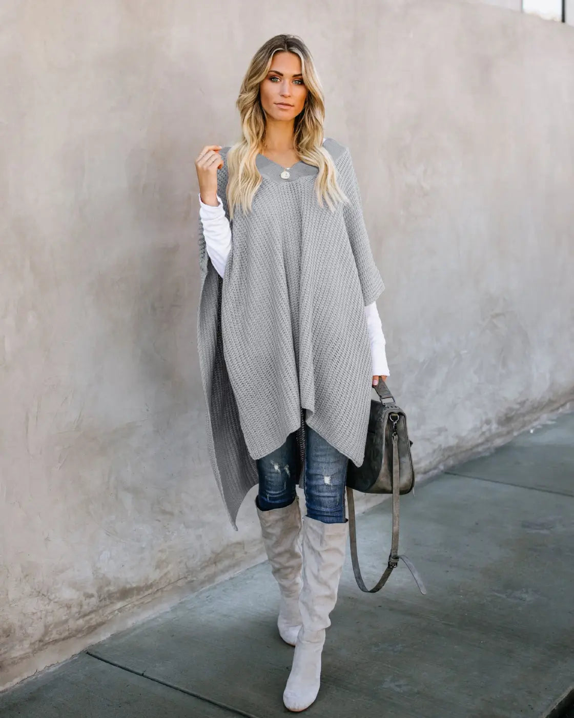 Cape Knitted Sweater Top | Oversized Draped Winter Wrap - Grey / L - cape knitted, knitted sweater, trend den, Grey