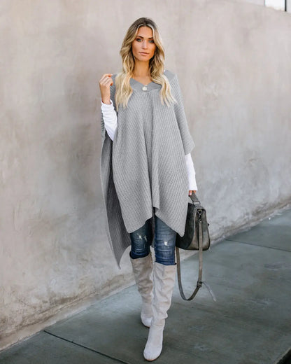 Cape Knitted Sweater Top | Oversized Draped Winter Wrap - Grey / L - cape knitted, knitted sweater, trend den, Grey