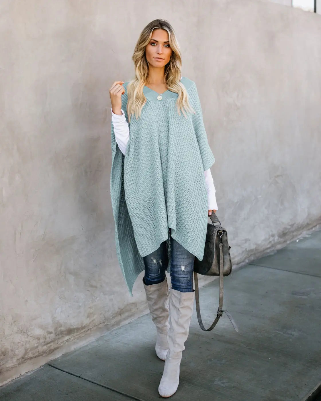 Cape Knitted Sweater Top | Oversized Draped Winter Wrap - Light Blue / L - cape knitted, knitted sweater, trend den, Light Blue