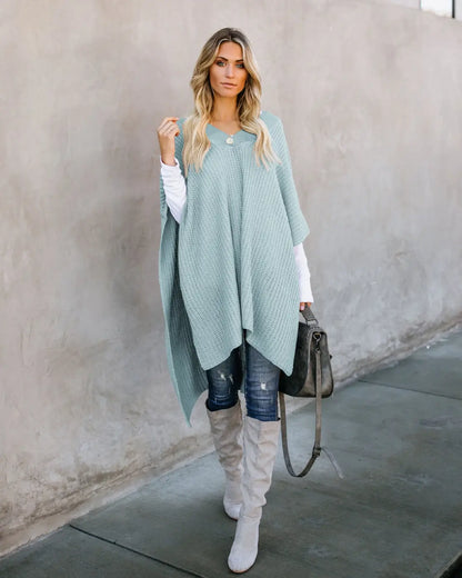Cape Knitted Sweater Top | Oversized Draped Winter Wrap - Light Blue / L - cape knitted, knitted sweater, trend den, Light Blue