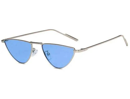 Silver-framed celebrity street-style slim metal sunglasses with vibrant blue lenses from trend den slim metal sunglasses collection Silver frame blue film