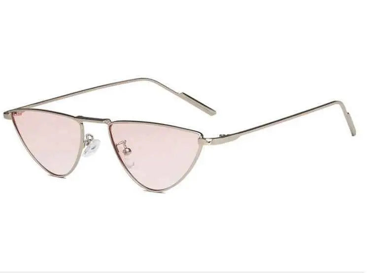 Pink-tinted cat-eye slim metal sunglasses with sleek metallic frame from celebrity street-style trend den collection Silver frame double powder