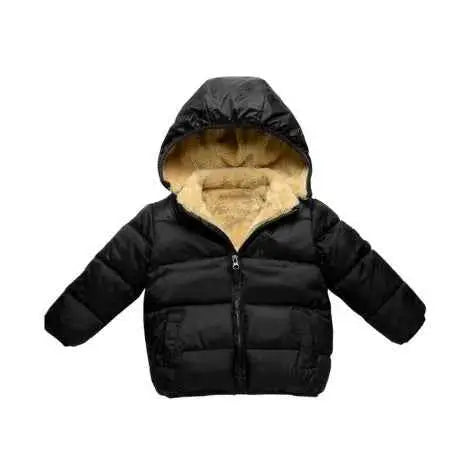 Children’s black lambskin lined puffer jacket from trend den with plush tan-lined hood and front zipper lined coat Black