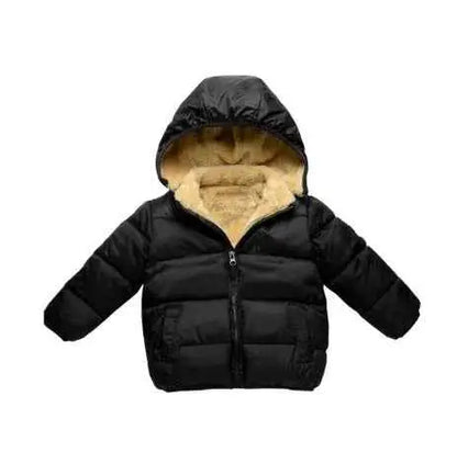 Children’s black lambskin lined puffer jacket from trend den with plush tan-lined hood and front zipper lined coat Black