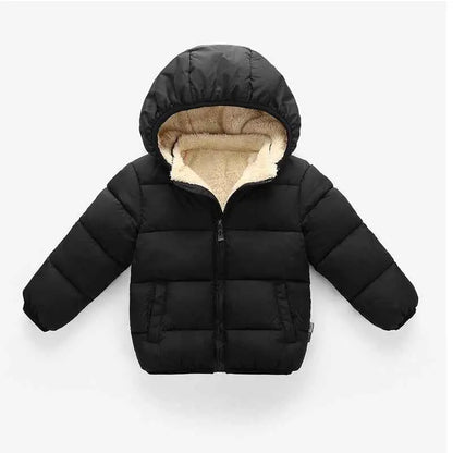 Children’s black puffer lambskin lined coat with plush beige fleece-lined hood and quilted design by trend den Black A