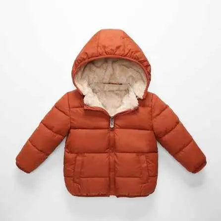 Children’s lambskin lined rust-orange puffer jacket with plush fleece-lined hood and quilted design Trend Den lined coat Caramel colour