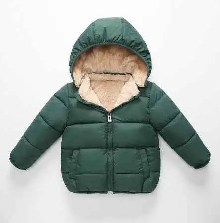 Dark green children’s lambskin lined puffer coat with plush beige hood and quilted design from trend den Green