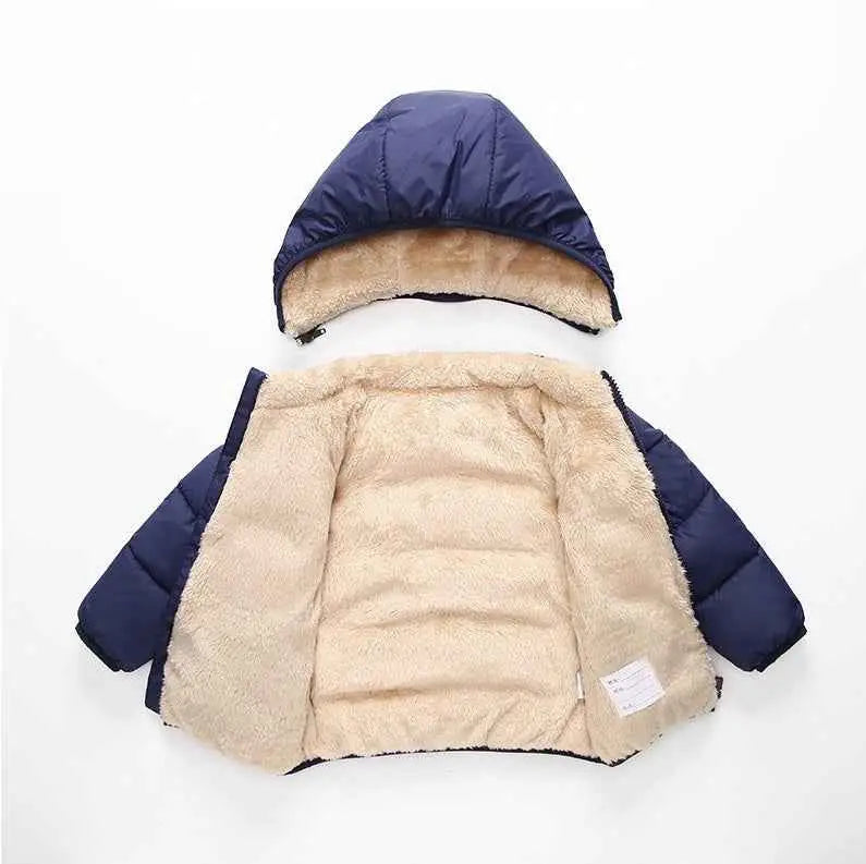 Navy blue children’s lambskin lined coat with plush beige fleece lining and hood from trend den