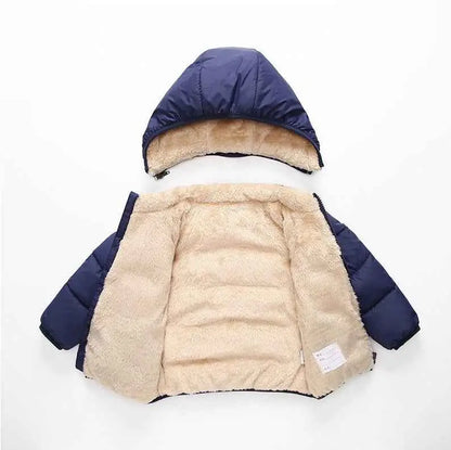 Navy blue children’s lambskin lined coat with plush beige fleece lining and hood from trend den