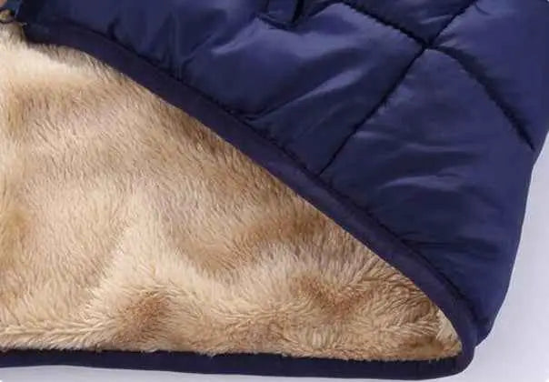 Navy blue quilted lambskin lined coat with plush tan faux fur cotton lining for children from Trend Den