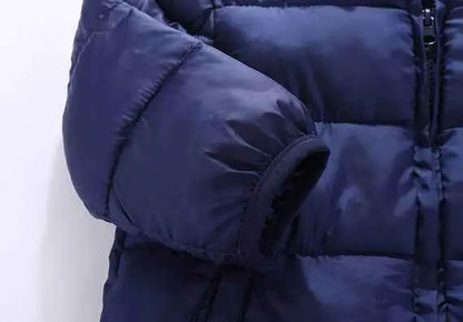Navy blue quilted sleeve with elasticated cuff on children’s lambskin lined trend den cotton-lined coat