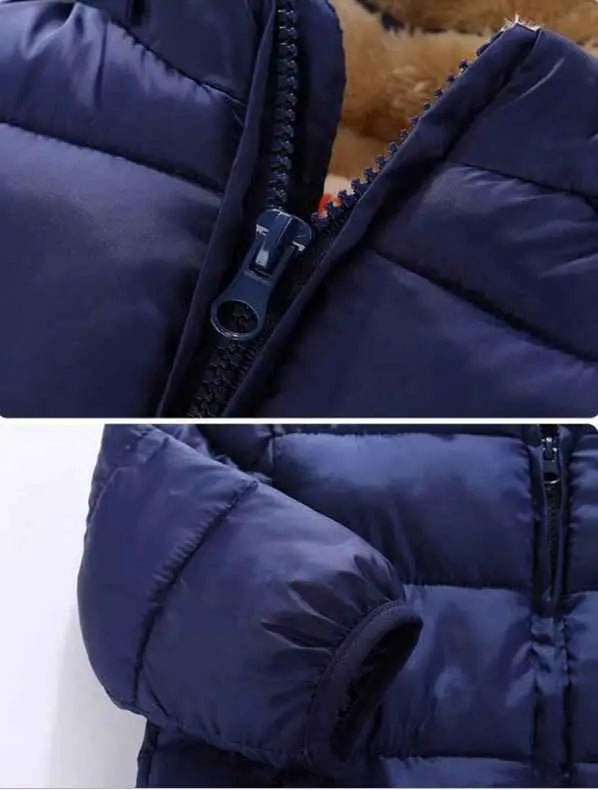 Children’s lambskin lined navy blue quilted puffer jacket with black zipper and ribbed cuffs from trend den lined coat