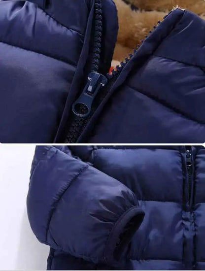 Children’s lambskin lined navy blue quilted puffer jacket with black zipper and ribbed cuffs from trend den lined coat