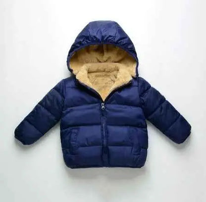 Navy blue children’s lambskin lined puffer jacket with tan fleece-lined hood trend den lined coat Navy blue