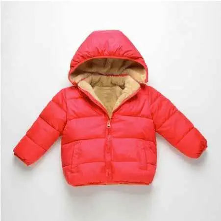 Bright red children’s lambskin lined puffer jacket with plush beige hood and quilted design from trend den Red