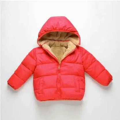 Bright red children’s lambskin lined puffer jacket with plush beige hood and quilted design from trend den Red
