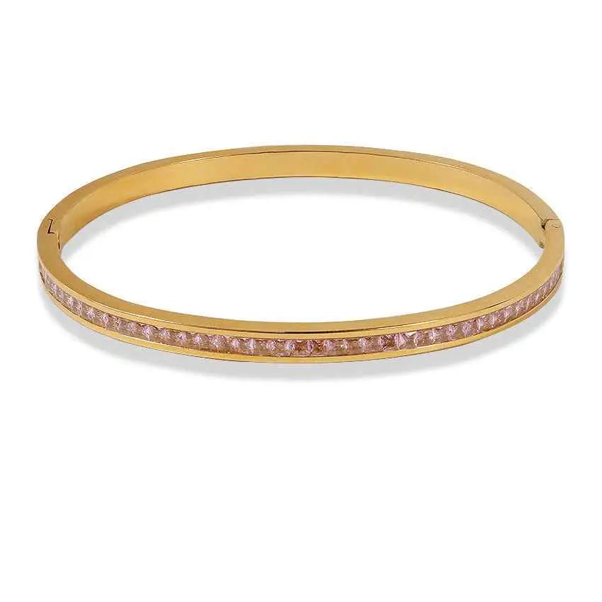 Gold-toned stainless steel crystal inlaid slim bangle with single row of pink cubic zirconia stones 2mm wide Pink