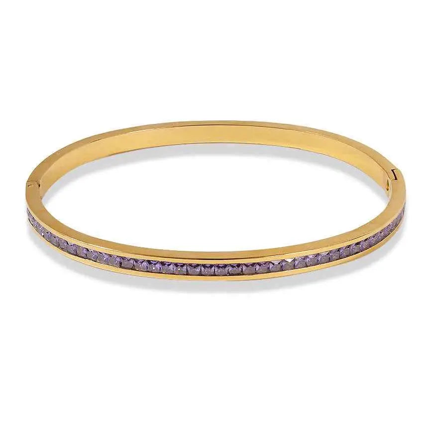 Gold-toned crystal inlaid slim stainless steel bangle bracelet with a row of faceted purple stones, 2mm wide Purple