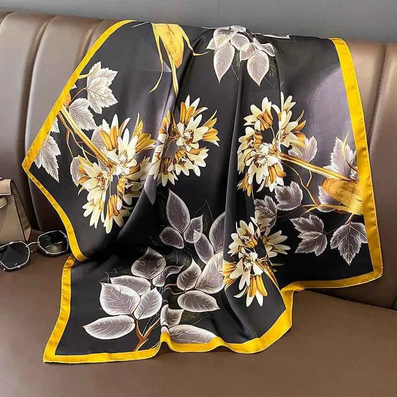 Black silk feel square scarf with dopamine-print floral pattern in white gold and bold yellow border 70cm Maple Leaf Orchid Black