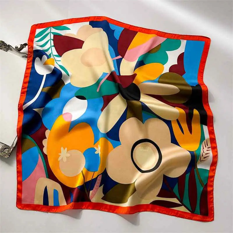Dopamine-print silk feel square scarf 70cm with bold cream orange yellow floral pattern and bright red border Dopamine Pink