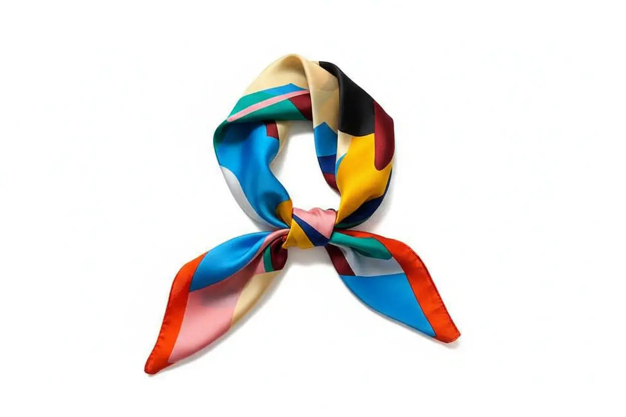 A vibrant dopamine-print silk feel square scarf with bold blue yellow red black and pink stripes tied in a knot