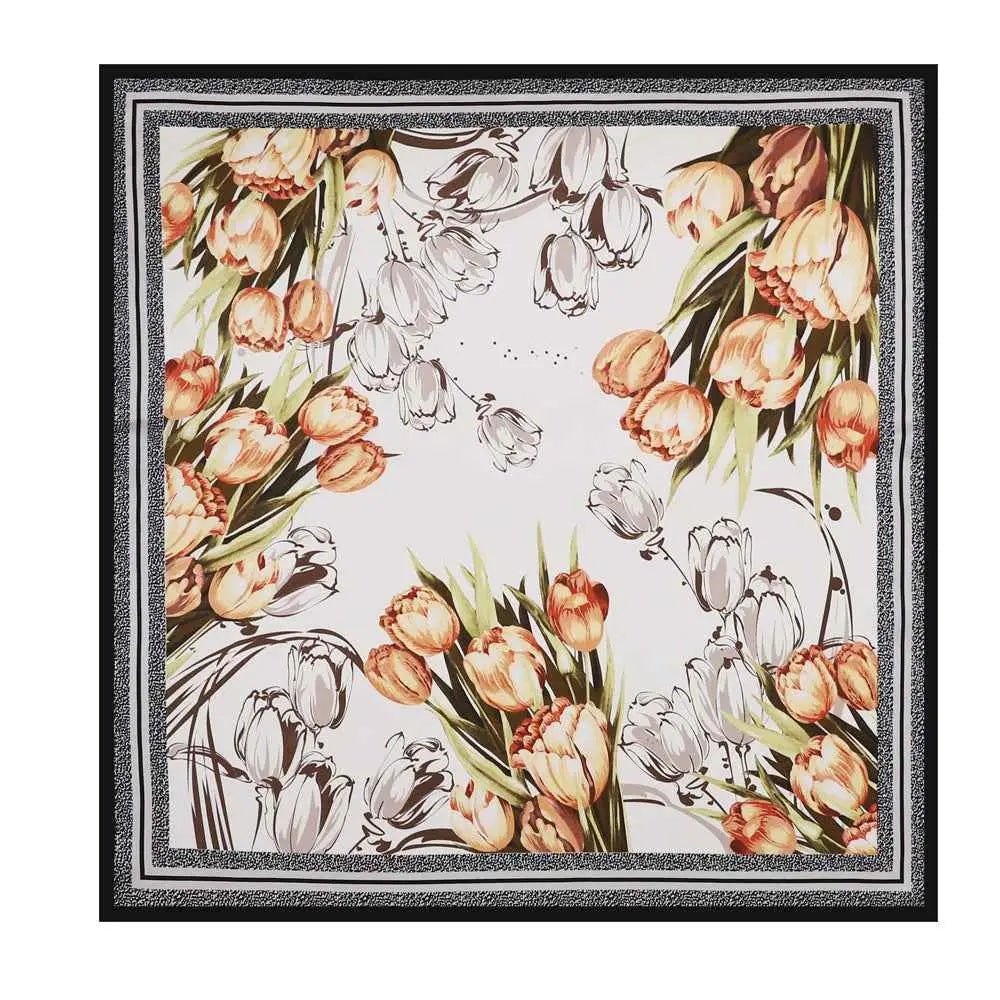 Elegant oversized floral imitation silk scarf 90cm x 90cm with peach white tulips and black white bellflowers design from trend den D9220 Black And White