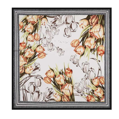 Elegant oversized floral imitation silk scarf 90cm x 90cm with peach white tulips and black white bellflowers design from trend den D9220 Black And White