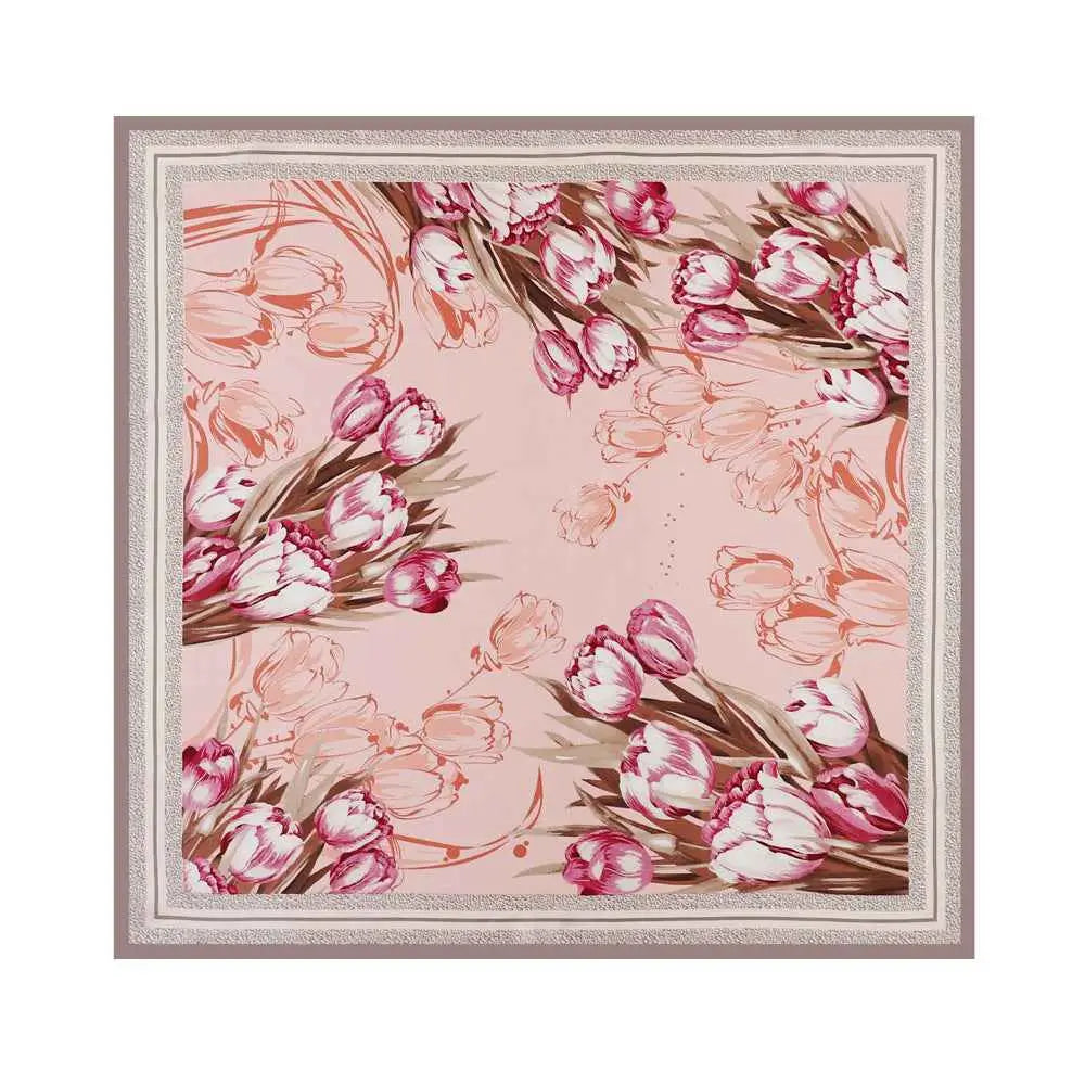 Elegant floral 90cm x 90cm pink silk scarf with vibrant tulip pattern and textured border from trend den D9220 Pink