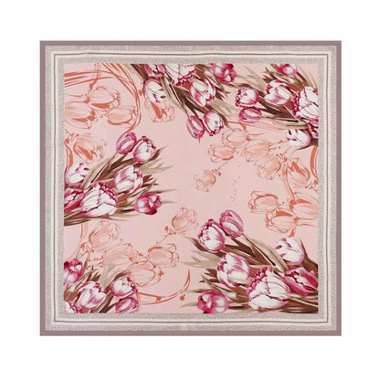 Elegant floral 90cm x 90cm pink silk scarf with vibrant tulip pattern and textured border from trend den D9220 Pink