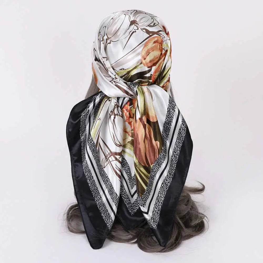 Elegant floral white silk scarf with bold black brown green and orange pattern 90cm x 90cm from trend den