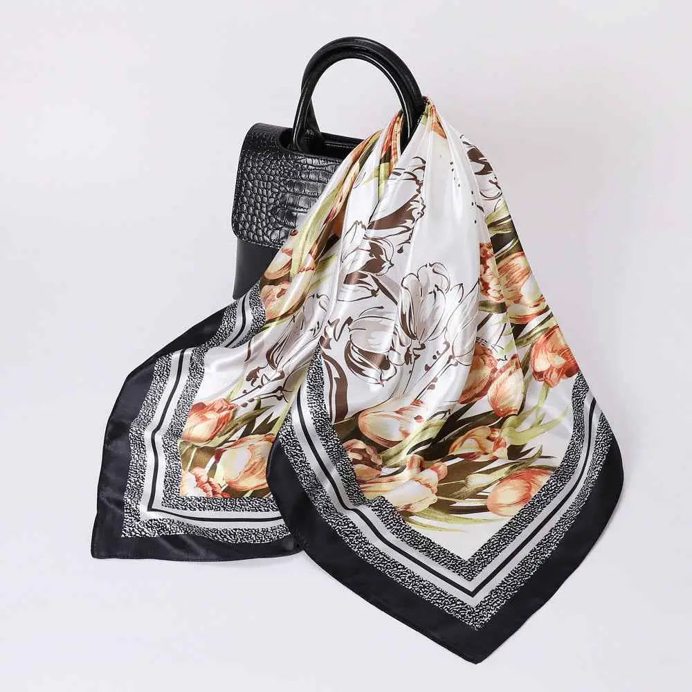 Elegant oversized floral imitation silk scarf 90cm x 90cm with peach cream brown tones and black textured border